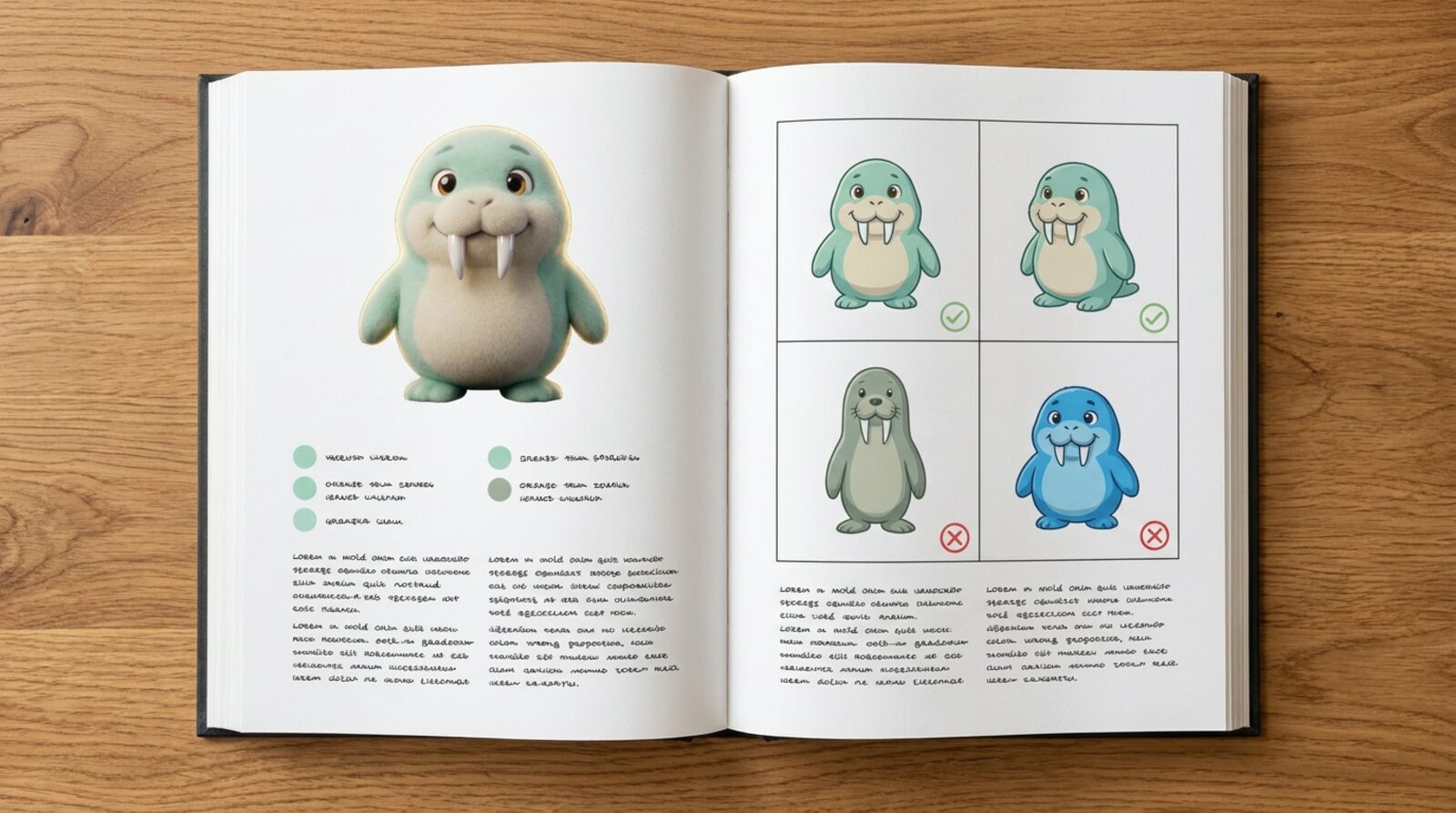 pearl's character bible spread: personality profile on the left, on-model do and don't panels on the right