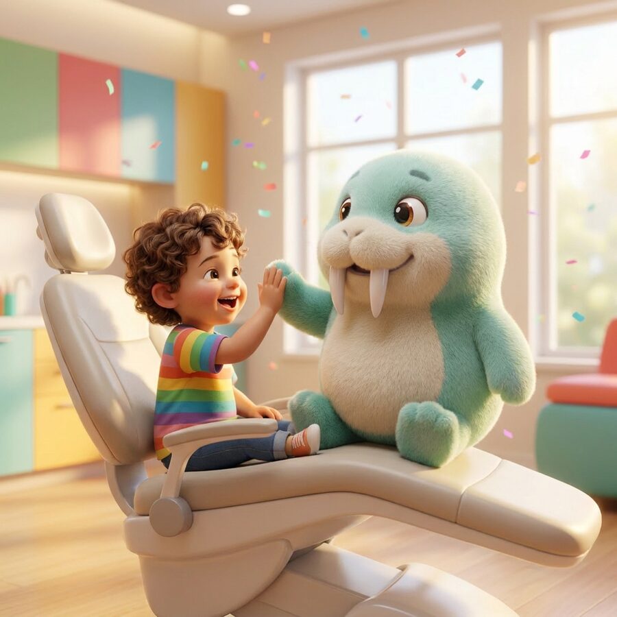 finished social post: pearl high-fiving a child