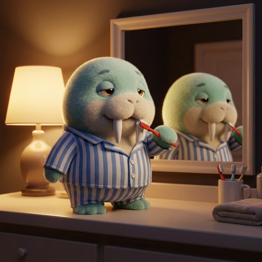 finished social post: pearl brushing its tusks at night